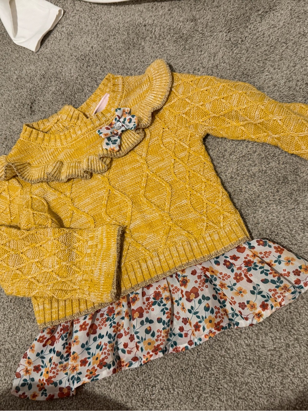 Little Lass Yellow Cable Knit Sweater Dress with Floral Hem